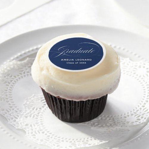 Navy Elegant Script Graduation Edible Frosting Rounds