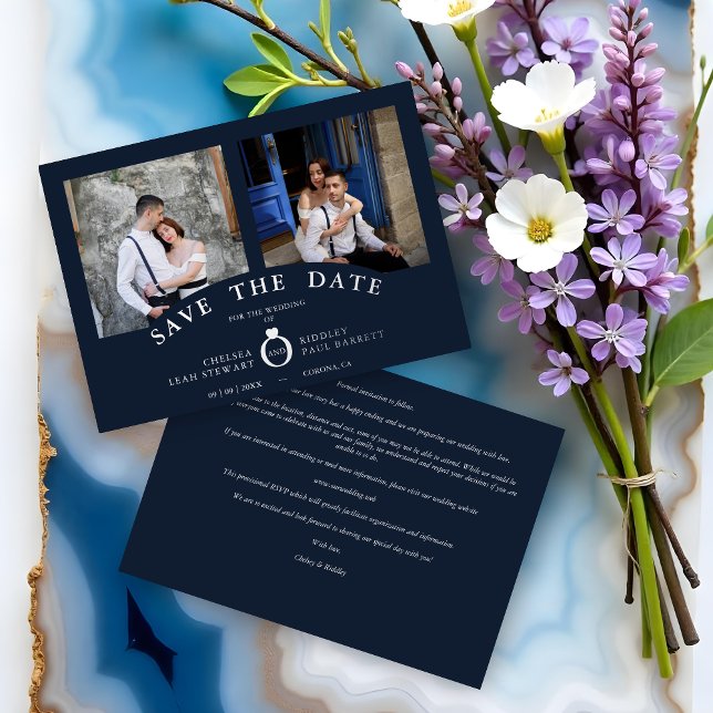 Navy Elegant Silver 2 Photos Sophisticated Wedding Foil Invitation (Navy Elegant Silver 2 Photos Sophisticated Wedding Real Metallic Foil Save the Cards.)