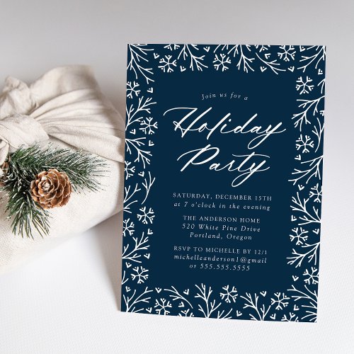 Navy Elegant Snowflake Holiday Party Invitation