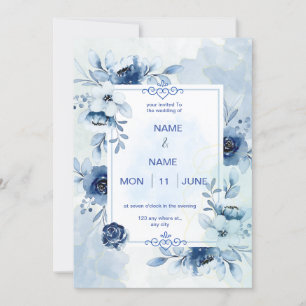 Navy elegant watercolor flower wedding invitation