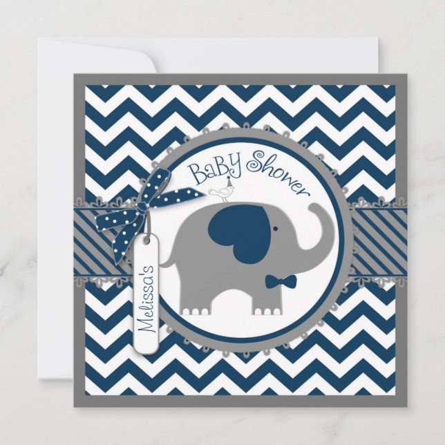 Navy Elephant and Chevron Print Baby Shower Invitation (Front)