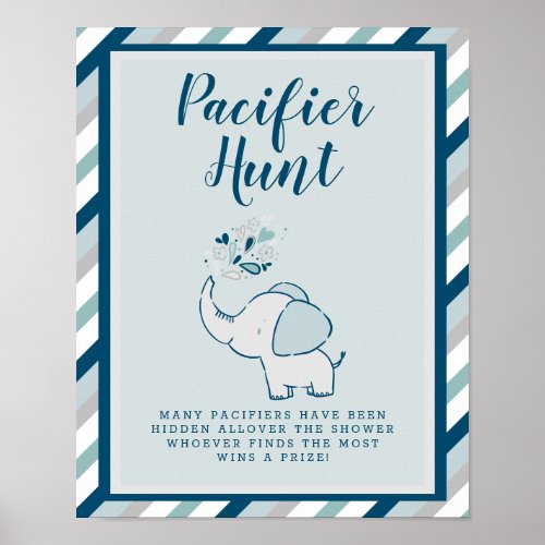 Navy Elephant Baby Shower Pacifier Hunt Game Sign