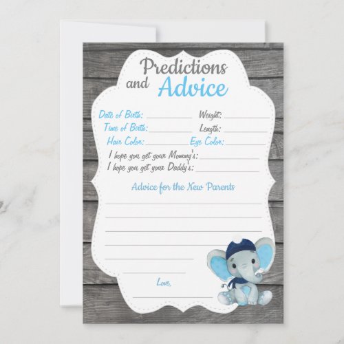 Navy Elephant Baby Shower Prediction Advice card