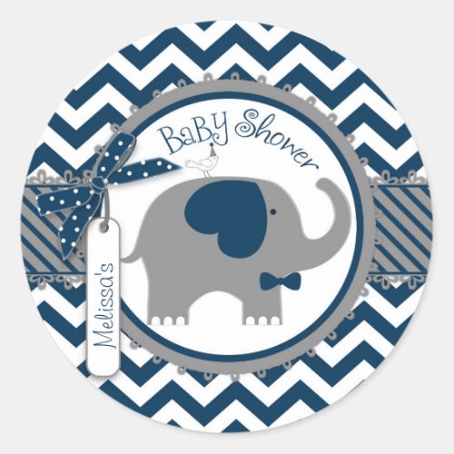 Navy Elephant Bow_tie Chevron Print Baby Shower Classic Round Sticker