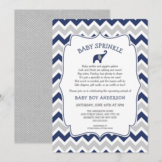 Navy elephant BOY baby sprinkle with cute poem Invitation (Front/Back)