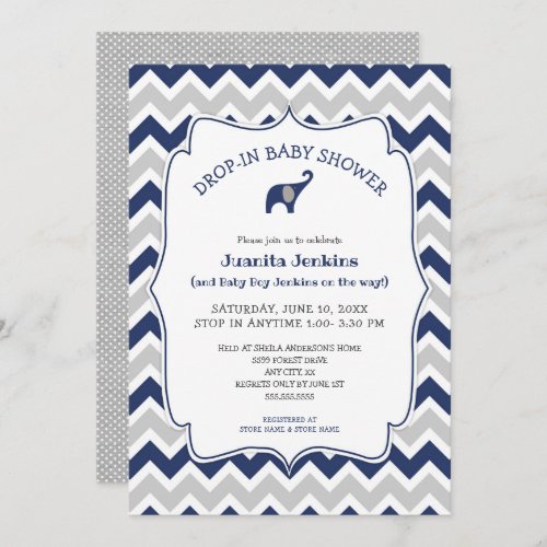 Navy elephant Drop_in baby shower  open house Invitation