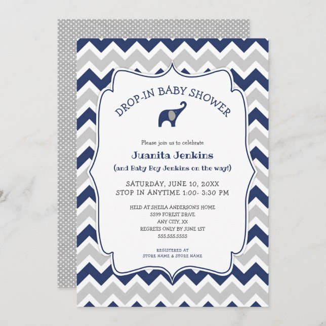 Navy elephant Drop-in baby shower / open house Invitation (Front/Back)