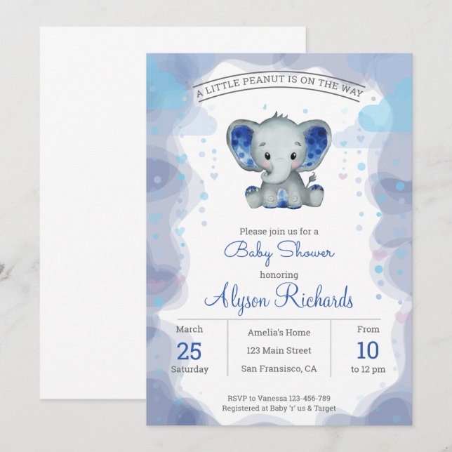 Navy elephant Watercolor Baby Shower Invitation (Front/Back)