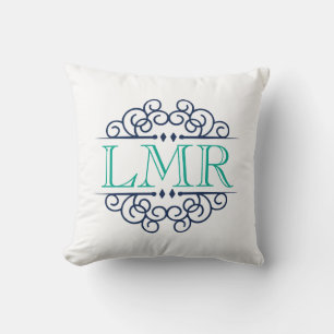 Navy & Emerald Green Vintage Frame Monogrammed Throw Pillow