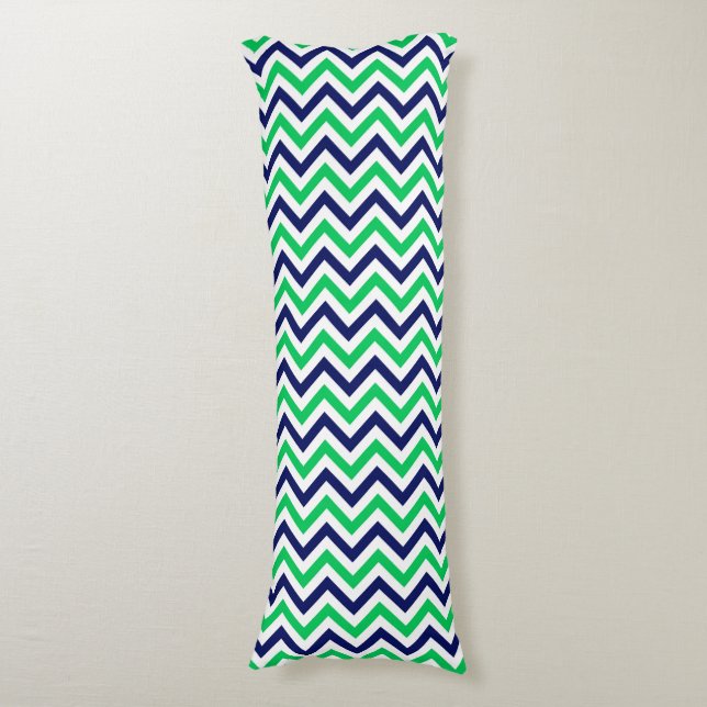 Navy, Emerald, White Large Chevron ZigZag Pattern Body Pillow (Front Vertical)