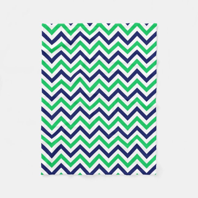Navy, Emerald, White Large Chevron ZigZag Pattern Fleece Blanket (Front)
