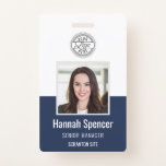 Navy | Employee Photo ID Company Security Badge<br><div class="desc">Personalize these vertical badges with an employee photo and name,  along with two lines of additional custom text for employee ID number,  role or title,  location,  or other key data. Add your logo at the top. Additional custom text field located on the back for return information or other details.</div>