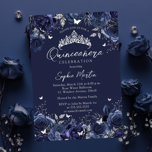 Navy Enchanting Floral Butterfly Quinceanera Foil Invitation (Creator Uploaded)