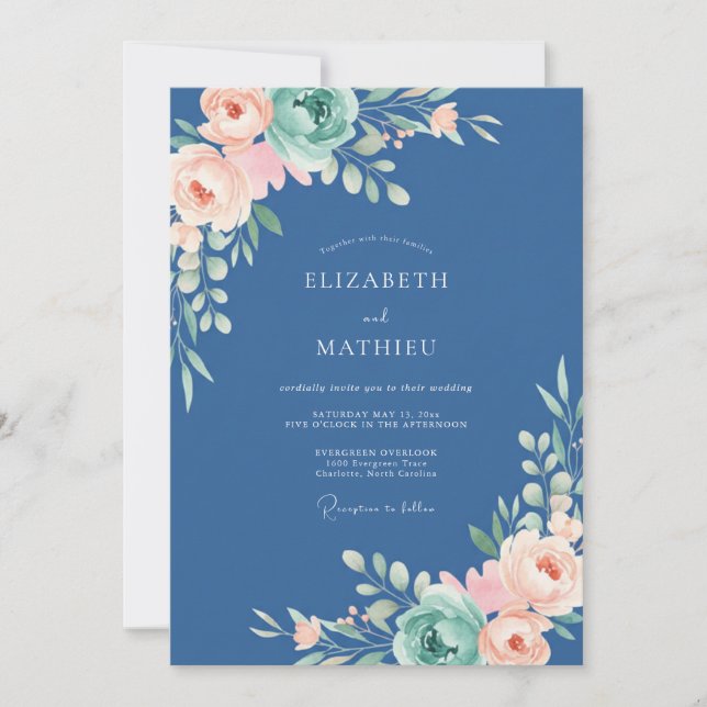 Navy Ethereal Bloom Flourish Wedding Invitation (Front)