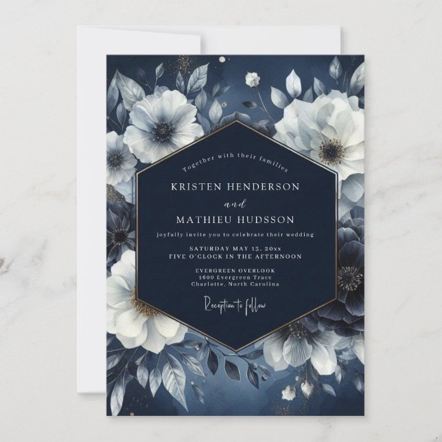 Navy Ethereal Bloom Wedding Invitation (Front)