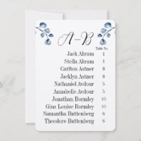 Navy Eucalyptus Alphabet 10 Guest Table Chart Card