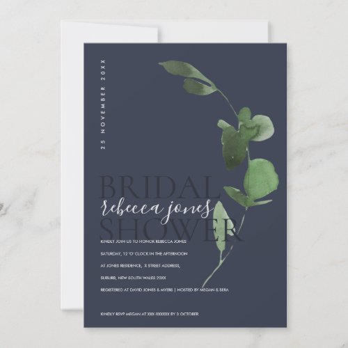 NAVY EUCALYPTUS FOLIAGE WATERCOLOR BRIDAL SHOWER ANNOUNCEMENT