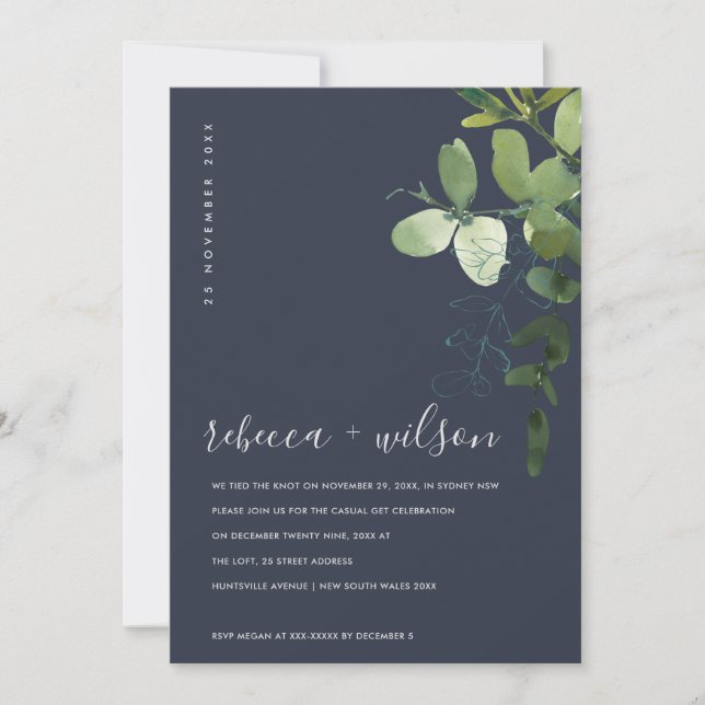 NAVY EUCALYPTUS FOLIAGE WE TIED THE KNOT INVITE (Front)