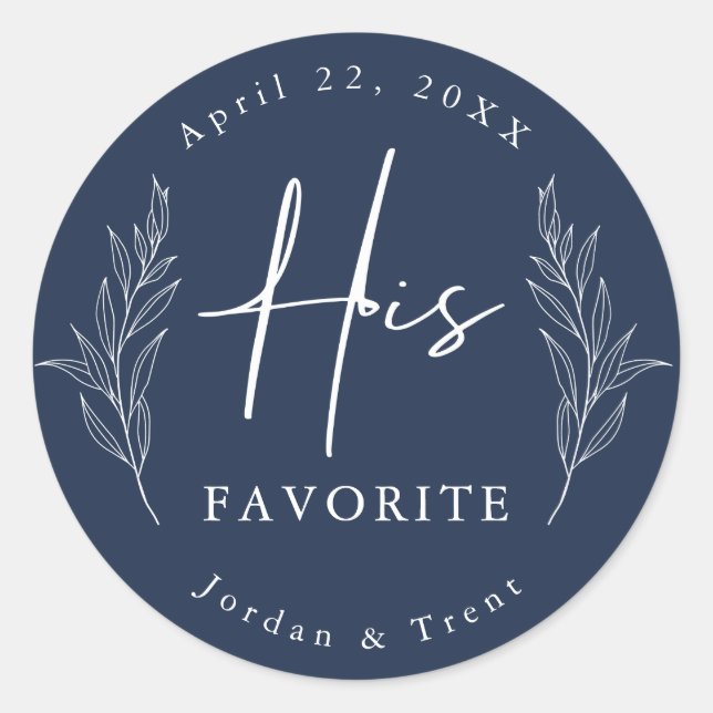 Navy Eucalyptus His Favorite Wedding Favor Sticker (Front)