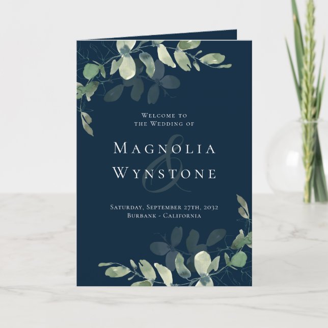 Navy Eucalyptus Order of Ceremony Wedding Program (Front)