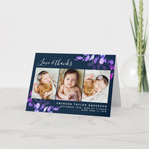 Navy Eucalyptus Photo Baby Birth Stats Folded Thank You Card