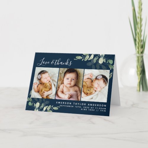 Navy Eucalyptus Photo Baby Birth Stats Folded  Thank You Card