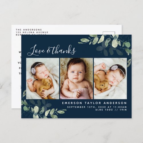 Navy Eucalyptus Photo Baby Thank You Announcement Postcard