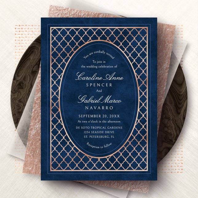 Navy Evening Garden Lattice Southern Wedding Foil Invitation (Creator Uploaded)
