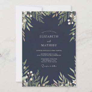 Navy Evergreen Watercolor Floral Wedding Invitation