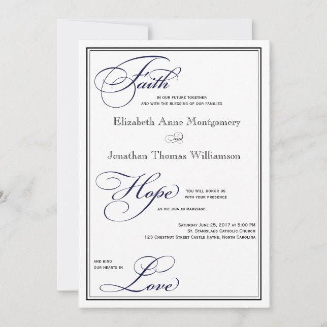 Navy Faith Hope Love Script Wedding Invitation (Front)