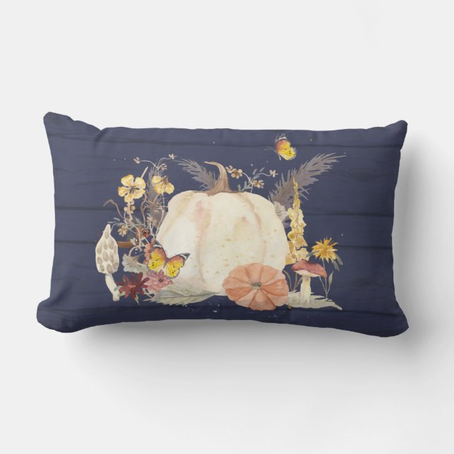 Navy Fall Autumn Pumpkin Wildflower Blue Wood  Lumbar Pillow (Front)