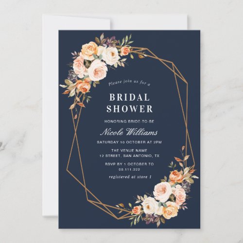 navy fall floral geometric bridal shower invitation