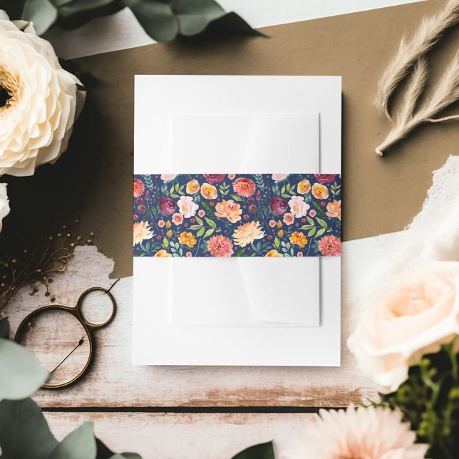 Navy Fall Floral Pattern Wedding Invitation Belly Band (Creator Uploaded)