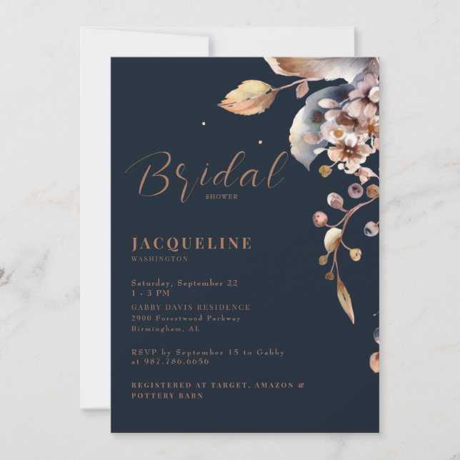 Navy Fall Foliage Bridal Shower Invitation (Front)