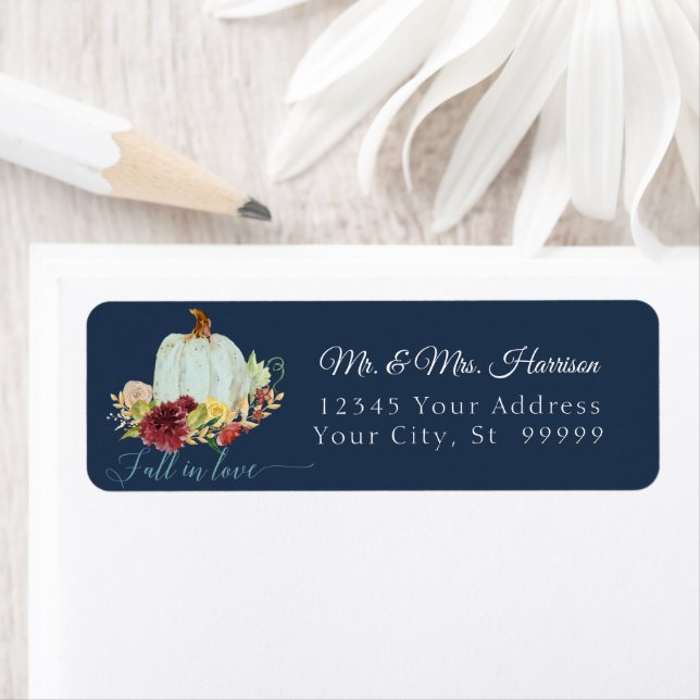 Navy Fall in Love Blue Pumpkin Watercolor Wedding Label (Insitu)