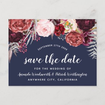 Navy Fall Marsala Blush Peony Save The Date Cards by RusticWeddings at Zazzle