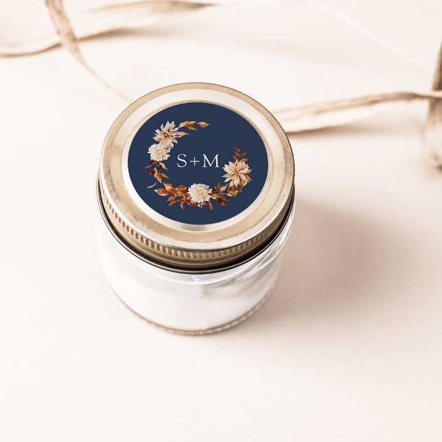 Navy Fall Monogram Floral Wreath Classic Round Sticker (Navy Blue Fall Monogram Floral Wreath Classic Round Sticker by Painted Paperie
)