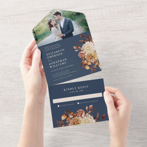 Navy Fall Photo Wedding All In One Invitation