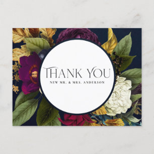 NAVY FALL RETRO BURGUNDY FLORAL WEDDING THANK YOU POSTCARD