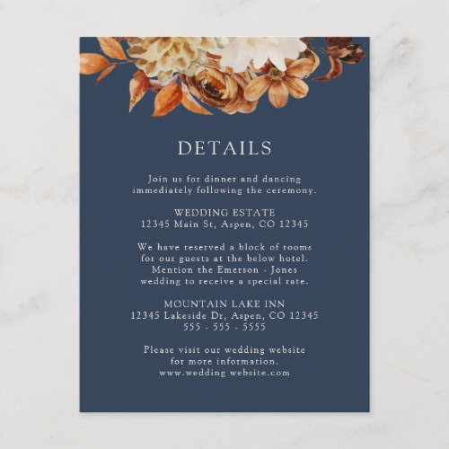 Navy Fall Terracotta Floral Wedding Details Enclosure Card