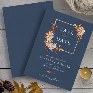 Navy Fall Watercolor Floral Gold Frame Wedding Save The Date