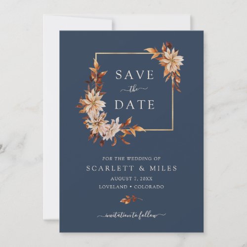 Navy Fall Watercolor Floral Gold Frame Wedding Save The Date