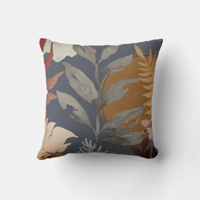 Navy Fall Watercolor Leaves Throw Pillow (Back)