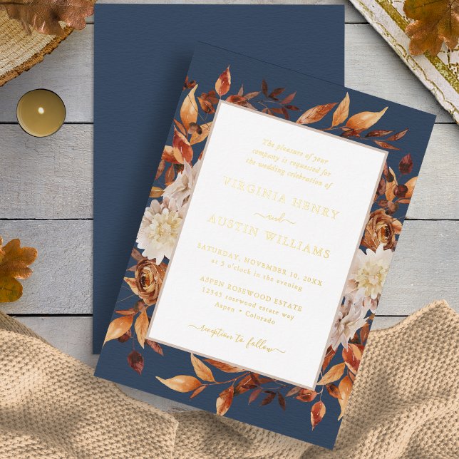 Navy Fall Wedding Foil Invitation (Navy Blue Fall Watercolor Floral Gold Foil Wedding Invitation by Painted Paperie
)