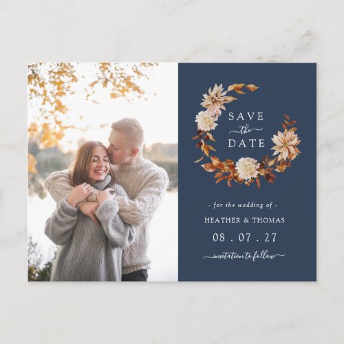 Navy Fall Wedding Photo Save The Date Announcement Postcard