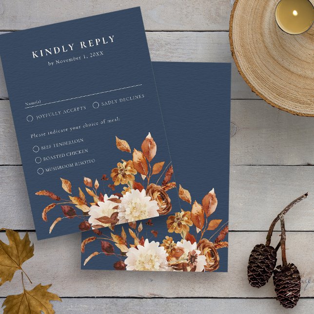 Navy Fall Wedding RSVP Card (Watercolor Navy Blue Autumn Wedding RSVP Card by Painted Paperie
)