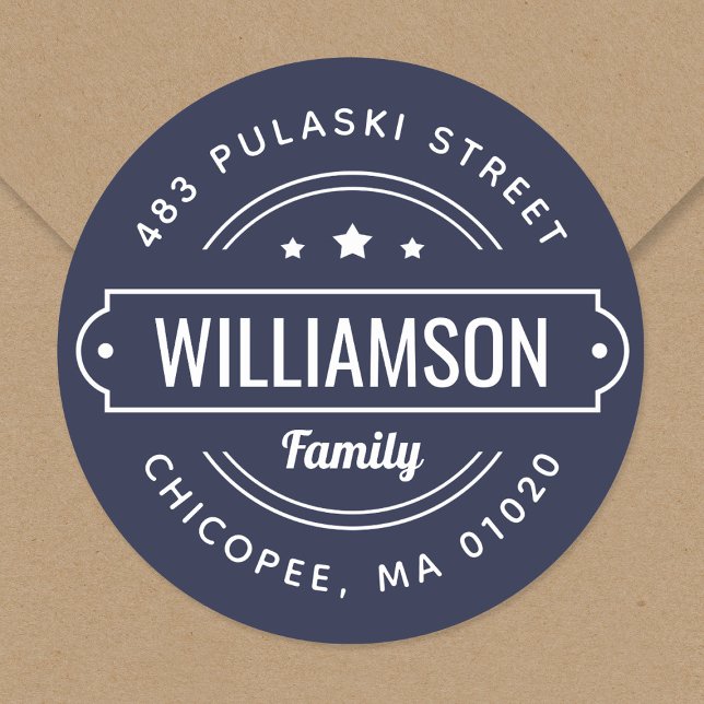 Navy Family Name Badge Round Return Address Label (Creator Uploaded)