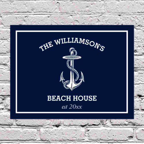 Navy Family Name  Beach House  Anchor  Doormat