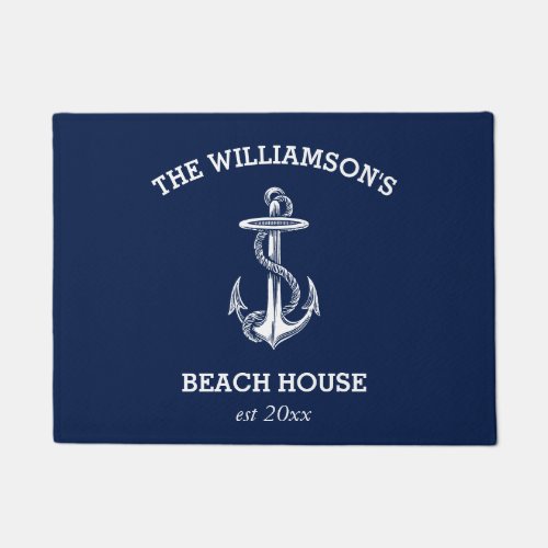 Navy Family Name  Beach House  Anchor  Doormat