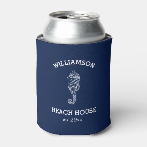 Navy Family Name Beach House  Seahorse Can Cooler